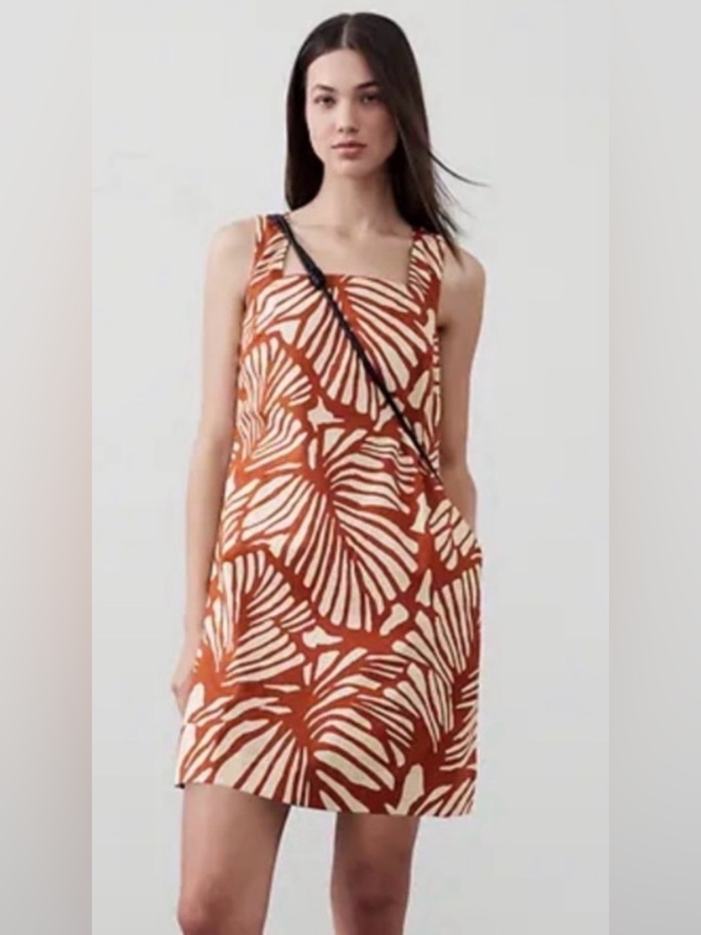 Banana Republic Linen Blend Square Meck Mini Dress Orange Leaf M